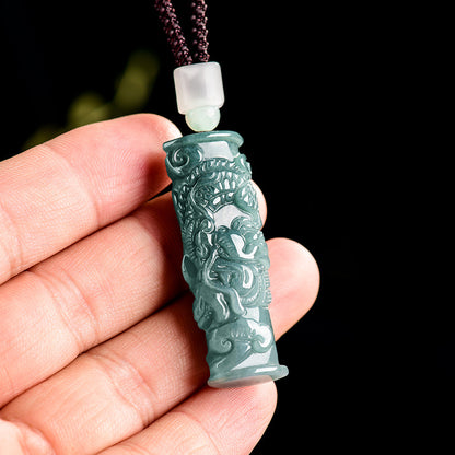Natural Grade A Jadeite Blue Water Dragon Pillar Pendant – A Symbol of Tranquility&Strength&Protection