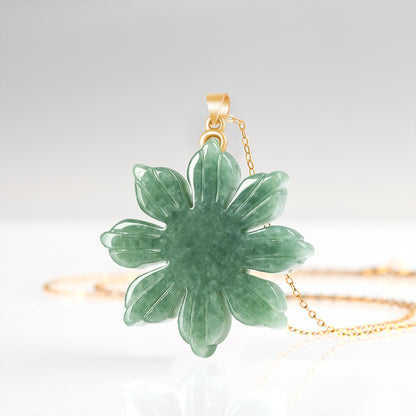 Natural Grade A Jade Sunflower Pendant with S925 Silver Chain—Keep Positive Energy with You!