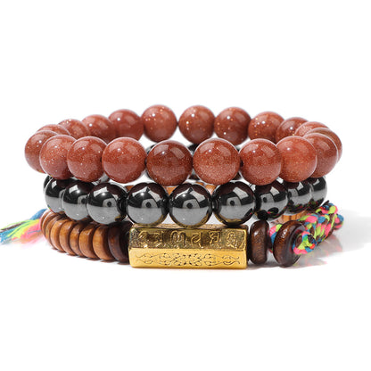Six-Syllable Mantra Lucky Trio Set Natural Stone Colored Rope Bracelet Set