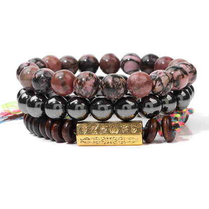 Six-Syllable Mantra Lucky Trio Set Natural Stone Colored Rope Bracelet Set