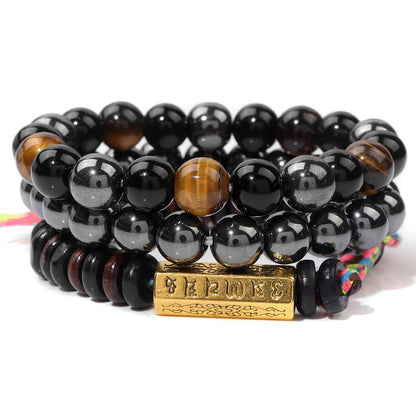 Six-Syllable Mantra Lucky Trio Set Natural Stone Colored Rope Bracelet Set