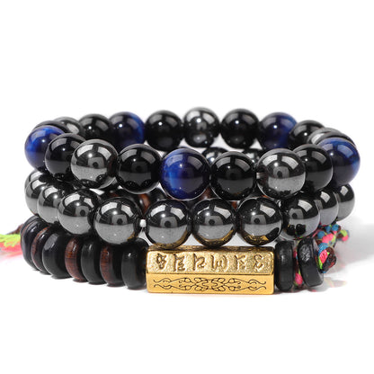 Six-Syllable Mantra Lucky Trio Set Natural Stone Colored Rope Bracelet Set