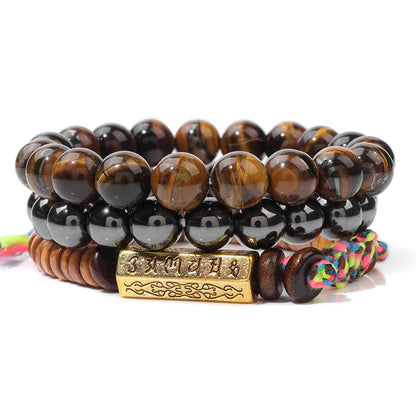 Six-Syllable Mantra Lucky Trio Set Natural Stone Colored Rope Bracelet Set