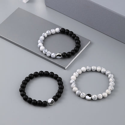 Tai Chi Yin Yang White Turquoise Bracelet Matte Black Handmade Beaded Bracelet