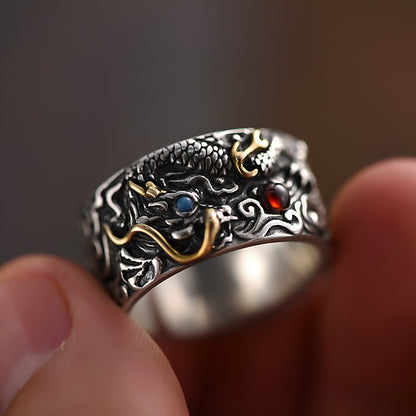 Auspicious Dragon Playing with Pearl 925 Silver Ring