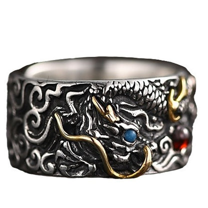 Auspicious Dragon Playing with Pearl 925 Silver Ring